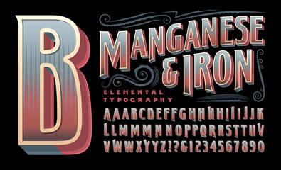 An Ornate and Retro Styled Vector Alphabet with 3d Effects. Manganese & Iron is an Old Style Vintage Font that would Work Well on Packaging, Whiskey Bottles, Carnival or Saloon Signs, etc. © Mysterylab