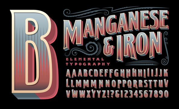 An Ornate and Retro Styled Vector Alphabet with 3d Effects. Manganese & Iron is an Old Style Vintage Font that would Work Well on Packaging, Whiskey Bottles, Carnival or Saloon Signs, etc.