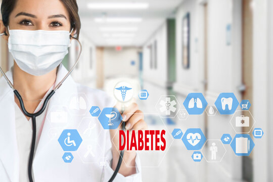 Diabetes on the touch screen with icons on the background blur medicine Doctor in hospital.Innovation treatment, service, health data analysis. Medical Healthcare Concept of Diabetes awareness
