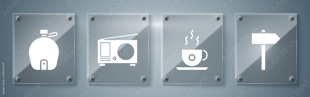 Sticker Set Road traffic signpost, Coffee cup, Radio with antenna and Canteen water bottle. Square glass panels. Vector.