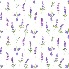 Repeat pattern of watercolor hand drawn lavender flowers, simple seamless romantic ornament symbol of summer holidays in French Provence for fabric, textile, gift paper design
