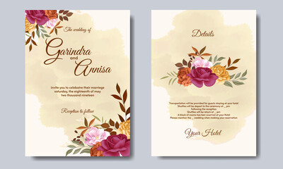 Beautiful autumn  floral frame wedding invitation card template Premium Vector