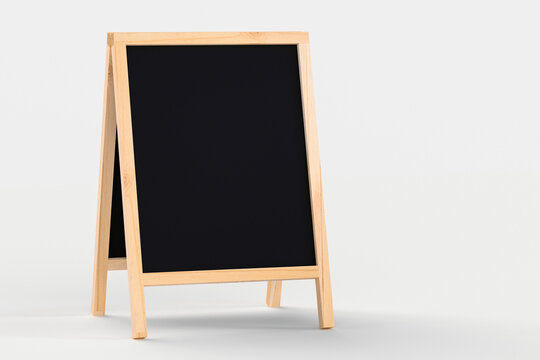 Sandwich Sign mockup blank blackboard isolated on white. Wooden Menu Black Board stand Mockup, Blank menu chalkboard stand.