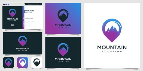 Mountain logo location with modern conctep and business card design template, mountain, location, pin, map, Premium Vector