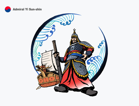 Admiral Yi Sun-shin brush painting, vector illustration. Korean people laud General Shunshin Yi as a hero.