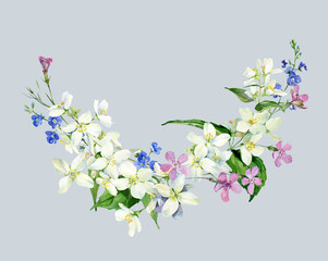 Naklejka premium Watercolor floral composition of jasmine, carnation and blue flowers