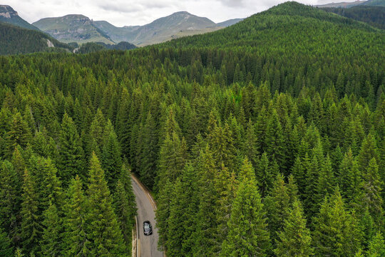 Drone photograph with Trans Bucegi mountain road high up in the Carpathian Mountains.