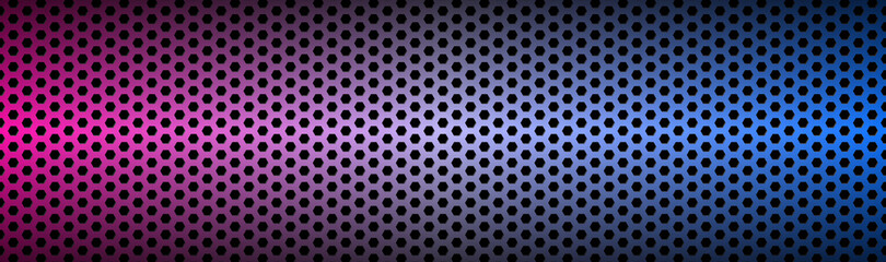 Abstract blue and purple neon geometric hexagonal mesh material header. Perforated metallic technology banner. Vector abstract widescreen background