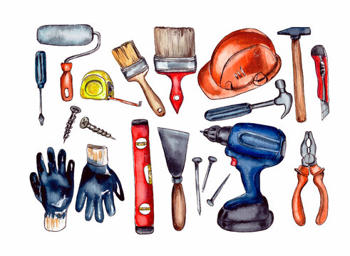 watercolor illustration, set of tools for home and apartment repair, isolated on white