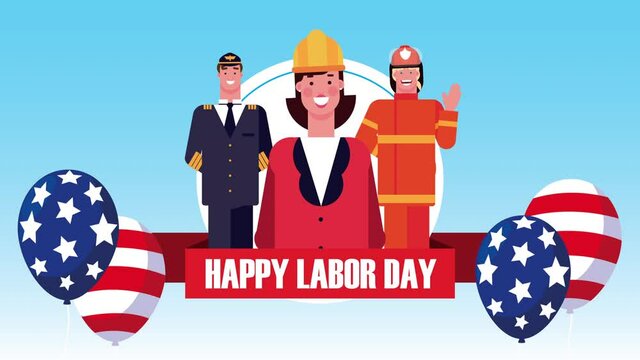 happy labor day celebration with usa flag in balloons helium and workers