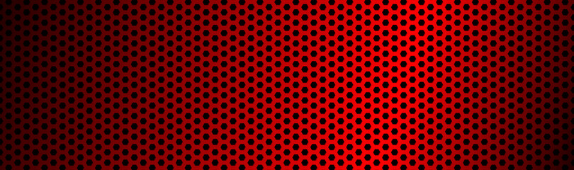 Abstract dark red geometric hexagonal mesh material header. Perforated metallic technology banner. Vector abstract widescreen background