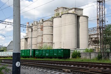 Cement factory background. Old gray factory.
