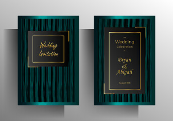 Wedding invitation design template set. The bright striped texture on black background. Vector 10 EPS.