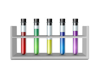 Test glass tubes in rack. Equipment for Biology science, education or medical tests.