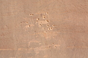 Ancient drawing painting on the rock, Wadi Rum, Jordan.