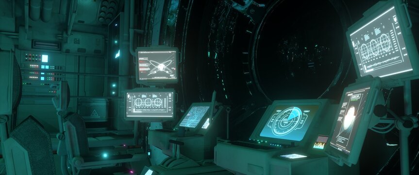 Brightly glowing screens of the spacecraft control system. Spaceship command post. Futuristic wallpaper. 3D illustration.