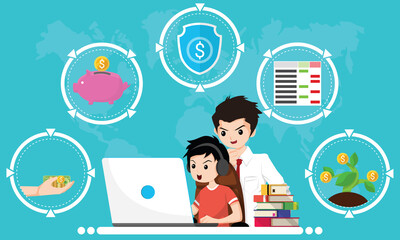 Financial literacy course for kid concept. Design by Boy use laptop and consult his father for learning of cash reserves, savings money, protect fund, accounting and wealth growth. Vector illustration