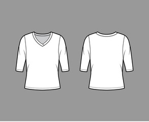 V-neck jersey sweater technical fashion illustration with elbow sleeves, oversized body. Flat outwear apparel template front, back white color. Women, men unisex shirt top CAD mockup