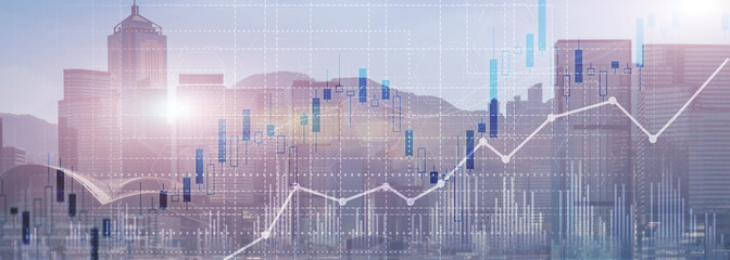 Financial concept investment graph chart diagram double exposure city view skyline.