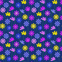 Fototapeta na wymiar Cosmos flowers. Seamless vector pattern. Abstract flower pattern for packaging, design, wallpaper, fabric. Cosmos on a blue background.