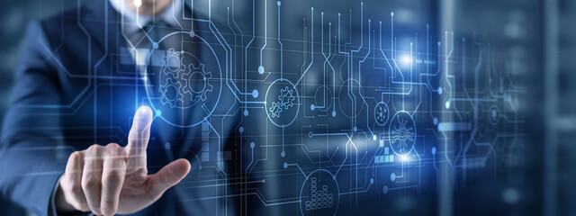 Communication and engineering concept. Abstract circuit board futuristic technology processing background.