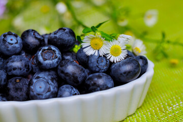 Bowl of fresh blueberries on green table.
