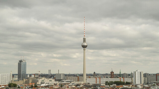 Berlin Television Tower under overcast sky, Germany