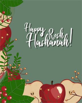 Autumn postcard. Red Apple. Autumn composition. Poster for the Jewish New Year. inscription happy rosh hashanah.