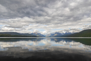 Lake McDonald with view of mountain-range in background
