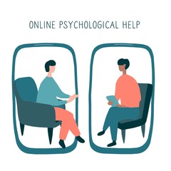 Man at the psychologist online session. Doctor consultation by phone. Video call to psychiatrist. Online psychological therapy. Flat vector graphic