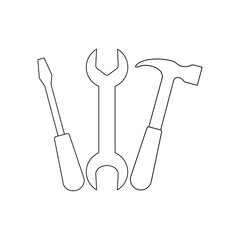 Set line industrial instruments icons. Wrench, hammer and screw driver outline symbols vector illustration isolated on white