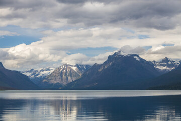 Lake McDonald with view of mountain-range in background
