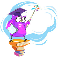 Wise owl with books and graduate hat