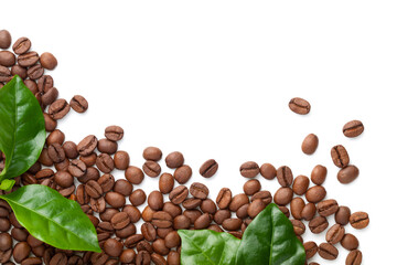 Spilled Coffee Beans With Green Leaves Isolated