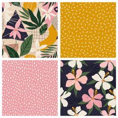 Collage contemporary floral and polka dot shapes seamless pattern set.