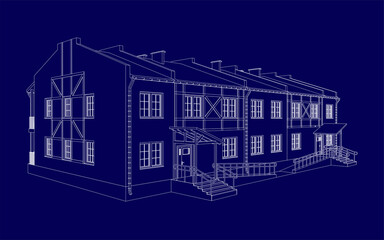 Building perspective 3D. House decorated in style half-timbered framework. Outlines cottage on blue background. House 3D model perspective vector. Cottage blueprint. EPS 10. 
