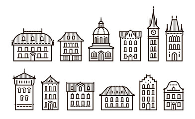 Vintage buildings icons set in linear style. City, town concept