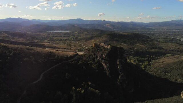 Cornatel castle in El Bierzo. Leon,Spain. Aerial Drone Footage