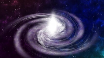 Screen Flying to Rotating Spiral Galaxy Space Floating Space Background. Deep space exploration. travel near big in star fields and nebula. Barred Spiral Galaxy Turning in the Universe Stars. motion