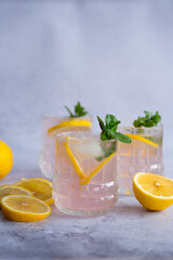 Summer fresh drinks. Homemade rose lemonade in a glass