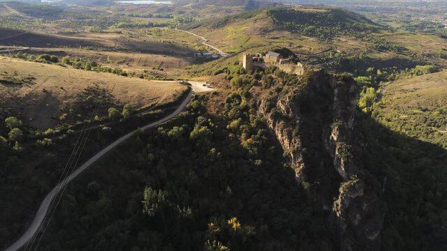 Cornatel castle in El Bierzo. Leon,Spain. Aerial Drone Footage