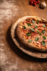Delicious pizza in wood table