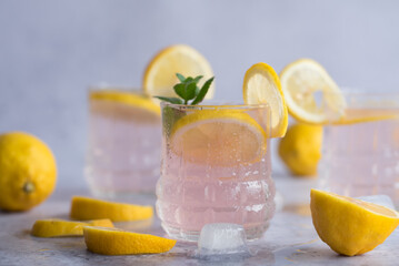 Summer fresh drinks. Homemade rose lemonade in a glass