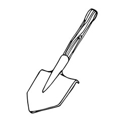 short bayonet sapper shovel, tool of a tourist, sapper & scout, for logo or emblem, vector illustration with black contour lines isolated on a white background in a hand drawn & doodle style