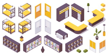 Isometric set of items for 3d hotel lobby, hostel. bunk bed, drawers for clothes, lobby, door, lockers.
