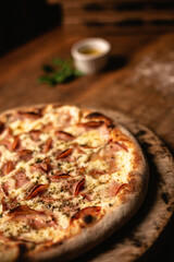 Delicious pizza in wood table