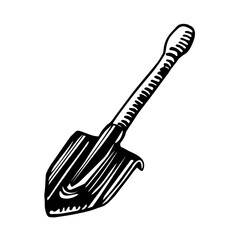 short bayonet sapper shovel, tool of a tourist, sapper & scout, for logo or emblem, vector illustration with black contour lines isolated on a white background in a hand drawn & doodle style