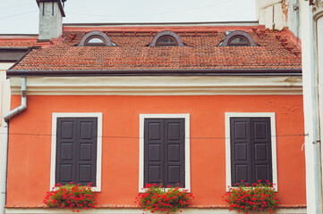 Old facades of houses in the historic center of the European city