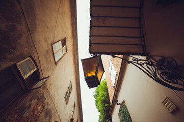 Old facades of houses in the historic center of the European city