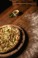 Delicious pizza in wood table